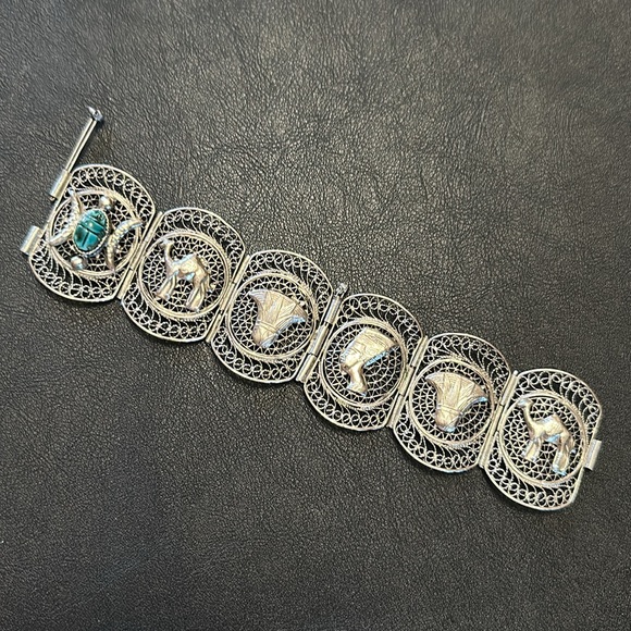 Blue Scarab Egyptian Silver Link Queen Nefertiti Vintage Bracelet - Picture 1 of 16